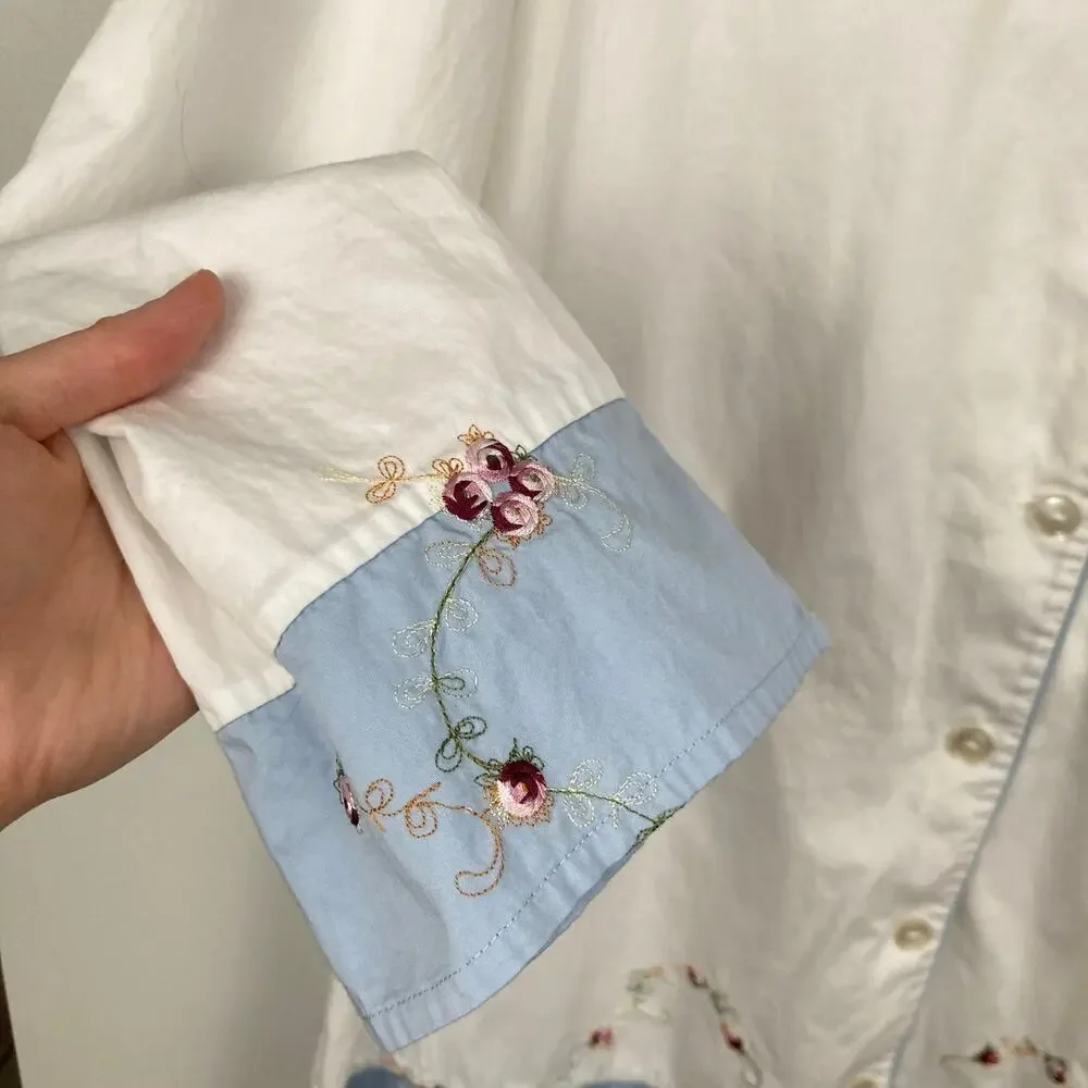 Julianna Rae Womens L Blue & White Floral Embroidered Cotton Pajama Sleep Set